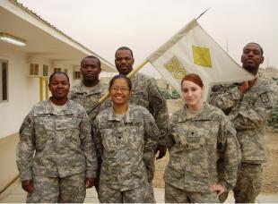 Members of Alpha Detachment, 9th Financial Management Company, 10th Sustainment Brigade Troops Battalion, 10th Sustainment Brigade, newly attached to Headquarters, 208th Financial Management Co. stand eager and ready to assist the mission of finance support. From left to right are Pfc. Cassandra Lawrence, a Kingston, Jamaica native, Pvt. Reginald Garner, Mobile, Ala., Spc. Kealohalani Hanato, of Hilo, Hawaii, Sgt. Ruben Carpenter, a native of Chesapeake, Va., Spc. Tabitha Sturgil, from Dyer, Tenn., and Spc. Jermel Adams, a native of San Antonio.