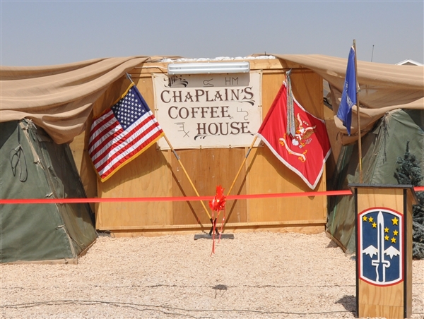 Battalion chaplains occupy offices to the left and right of the Chaplain�s Coffee House at Forward Operating Base Kalsu, Iraq. The coffee house is a place for soldiers to relax and enjoy a drink, but also to give them a chance to talk. U.S. Army photo by Pfc. Bethany L. Little  