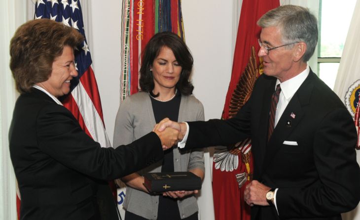 John McHugh is sworn-in as the 21st Secretary of the Army during a Pentagon ceremony, Sept. 21, 2009.  Joyce Morrow, Administrative Assistant to the Secretary of the Army, administers the oath of office as Anne LeMay, Special Assistant to the Secretary of the Army, holds the Bible. Staff Sgt. Matthew Clifton.